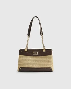 Beige Raffia Chain Handle Shoulder Bag