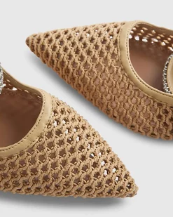 Beige Raffia Diamante Slingback Heels