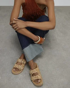 Beige Raffia Double Buckle Footbed Sandals