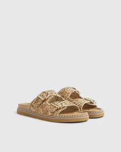 Beige Raffia Double Buckle Footbed Sandals