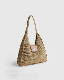 Beige Raffia Flap Front Shoulder Bag