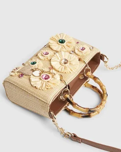 Beige Raffia Gem Flower Tote Bag