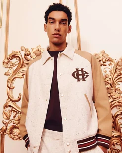 Beige Raffia Textured Varsity Jacket