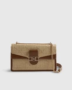 Beige RR Paneled Raffia Shoulder Bag