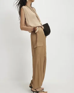 Beige Satin Cargo Trousers