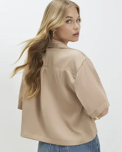 Beige Satin Polo Top