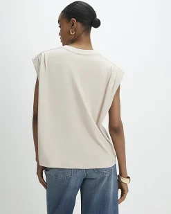Beige Short Sleeve Pleat Shoulder T-shirt