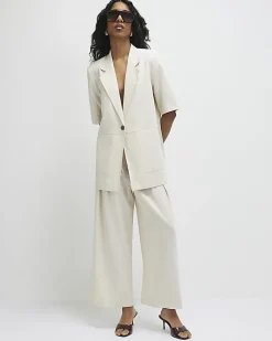 Beige Short Sleeve Pocket Blazer