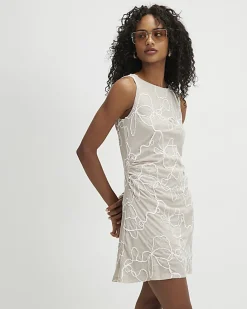 Beige Sleeveless Embroidered Mini Dress