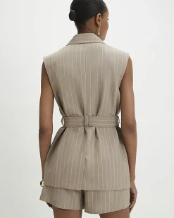 Beige Sleeveless Tie Waist Longline Waistcoat