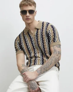 Beige Slim Fit Wavy Stripe Polo Shirt