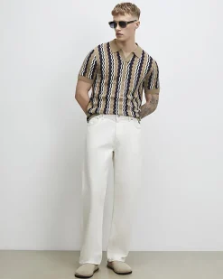 Beige Slim Fit Wavy Stripe Polo Shirt
