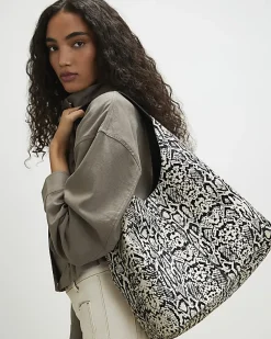 Beige Snake Hair on Leather Shoulder Bag
