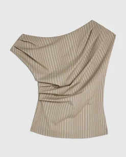 Beige Stretch Sleeveless Striped Drape Top