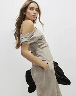 Beige Stretch Sleeveless Striped Drape Top