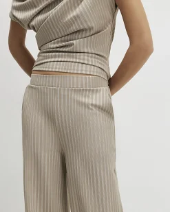 Beige Stretch Striped Wide Leg Trousers