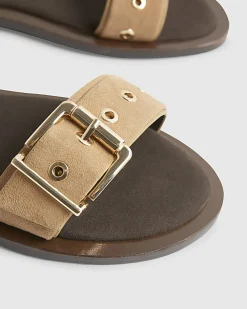 Beige Suede Buckle Detail Flat Sandals