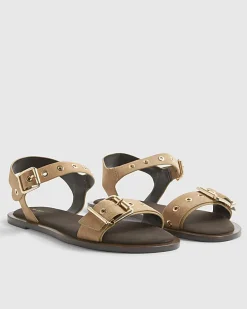 Beige Suede Buckle Detail Flat Sandals