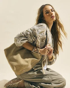 Beige Suede Buckle Slouch Bag
