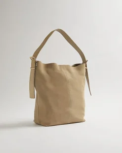 Beige Suede Buckle Slouch Bag