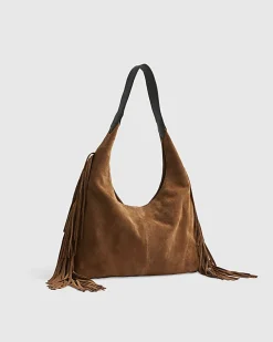 Beige Suede Fringed Slouch Shoulder Bag