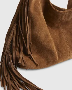 Beige Suede Fringed Slouch Shoulder Bag