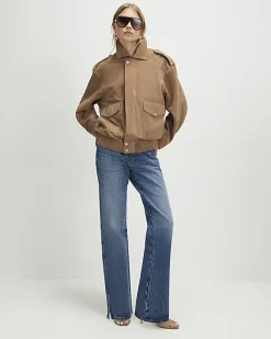 Beige Suede Oversized Bomber Jacket