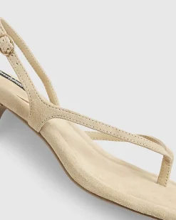 Beige Suede Toe Thong Heeled Sandals