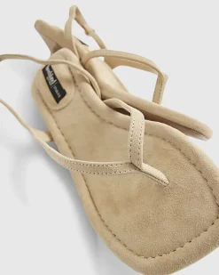 Beige Suede Toe Thong Heeled Sandals