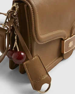 Beige Tab Front Cherry Charm Shoulder Bag