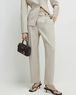 Beige Tailored Barrel Leg Trousers