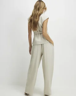 Beige Tailored Wide Leg Trousers