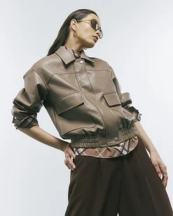 Beige Textured Faux Leather Bomber Jacket