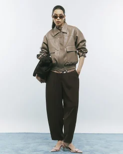 Beige Textured Faux Leather Bomber Jacket