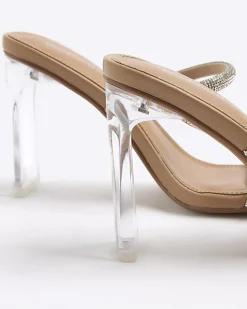Beige Wide Fit Diamante Strap Heeled Sandals