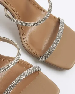 Beige Wide Fit Diamante Strap Heeled Sandals
