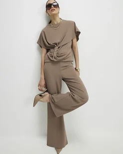 Beige Wide Leg Trousers