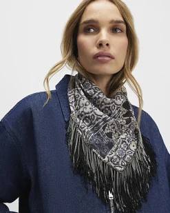 Black Abstract Print Tassel Trim Scarf
