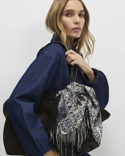 Black Abstract Print Tassel Trim Scarf