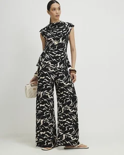 Black Abstract Wide Leg Trousers