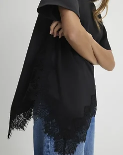 Black Asymmetric Lace Satin T-Shirt