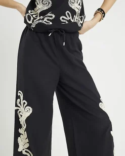 Black Broderie Wide Leg Trousers