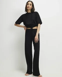 Black Bubble Hem Jersey Loungewear Set