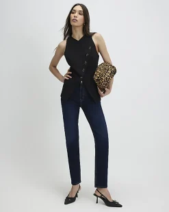 Black Collarless Asymmetric Waistcoat