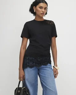 Black Cotton Short Sleeve Lace Aysmmetric Top