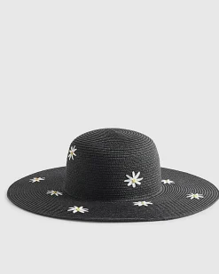 Black Daisy Floppy Straw Hat