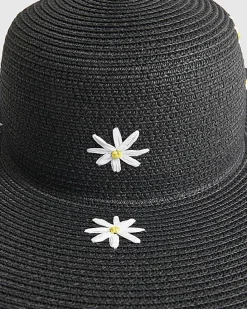Black Daisy Floppy Straw Hat