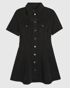 Black Denim Pleat Front Mini Dress