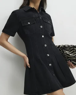 Black Denim Pleat Front Mini Dress