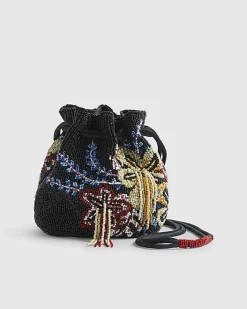 Black Drawstring Beaded Bag